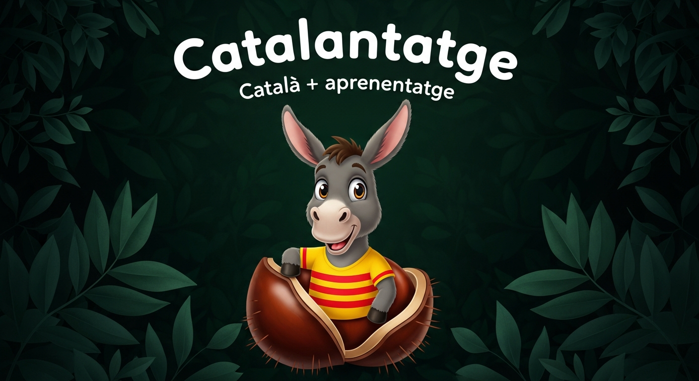 Logo fosc de Catalantatge. Il·lustració d'un ruc simpàtic somrient. Porta samarreta groga amb quatre ratlles vermelles horitzontals. Està assegut dins d'una closca de castanya, amb el text "Catalantatge" i "Català + aprenentatge" a sobre. El fons és de fulla verda, fosc i ric.