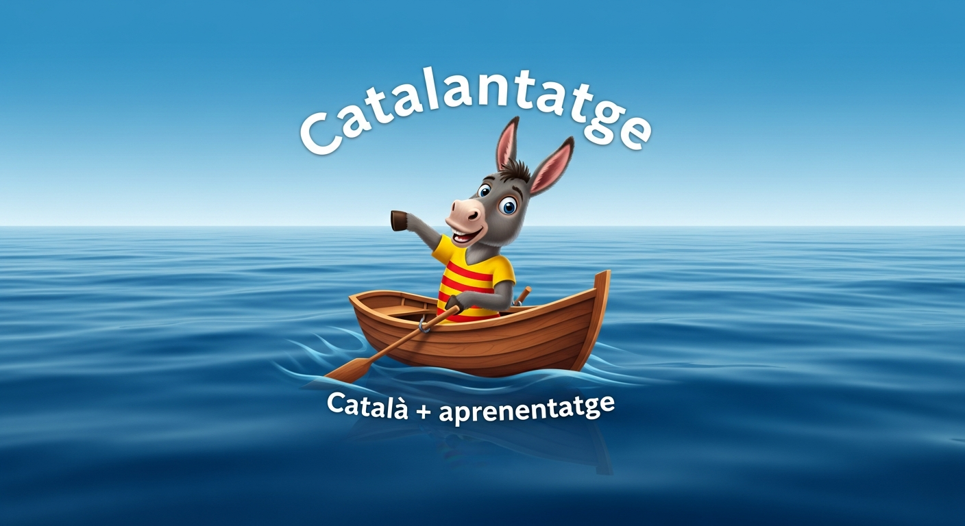 Logo clar de Catalantatge. Il·lustració d'un ruc simpàtic somrient. Porta samarreta groga amb quatre ratlles vermelles horitzontals. Està remant una barca de fusta sobre aigües blaves tranquil·les, amb el text "Catalantatge" a sobre i "Català + aprenentatge" a sota.